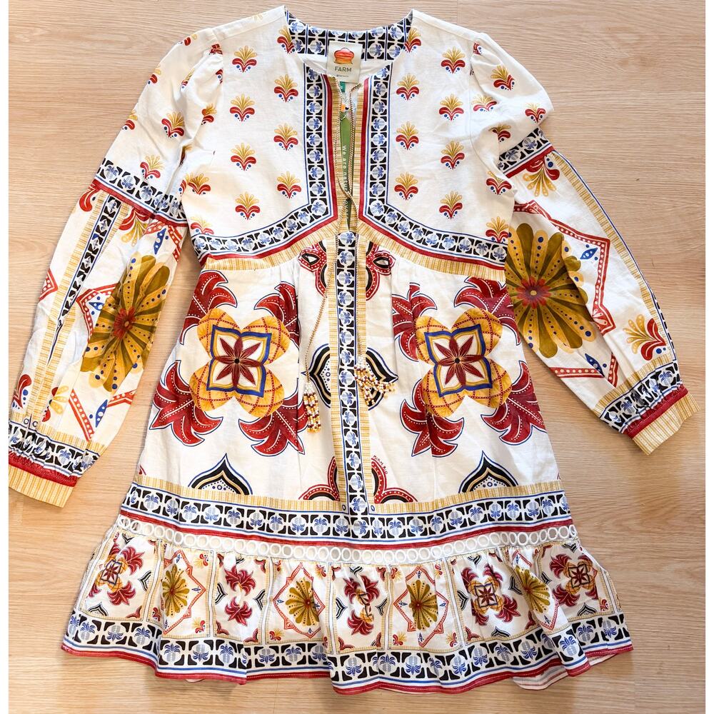 Farm Rio off-white marys tiles lenzing ecovero euroflax mini dress MEDIUM $230.0